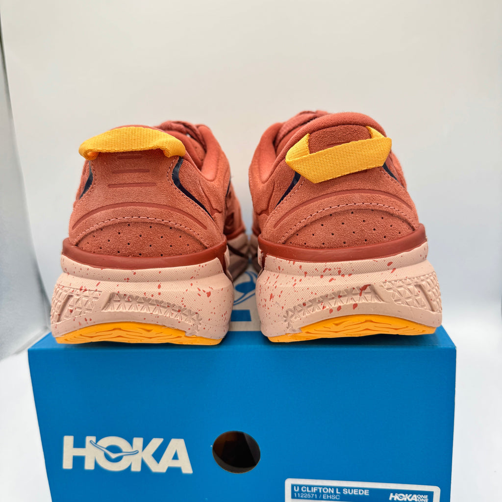 Hoka Clifton L Suede in Earthenware/ Hot Sauce Red Unisex Leather Sneakers