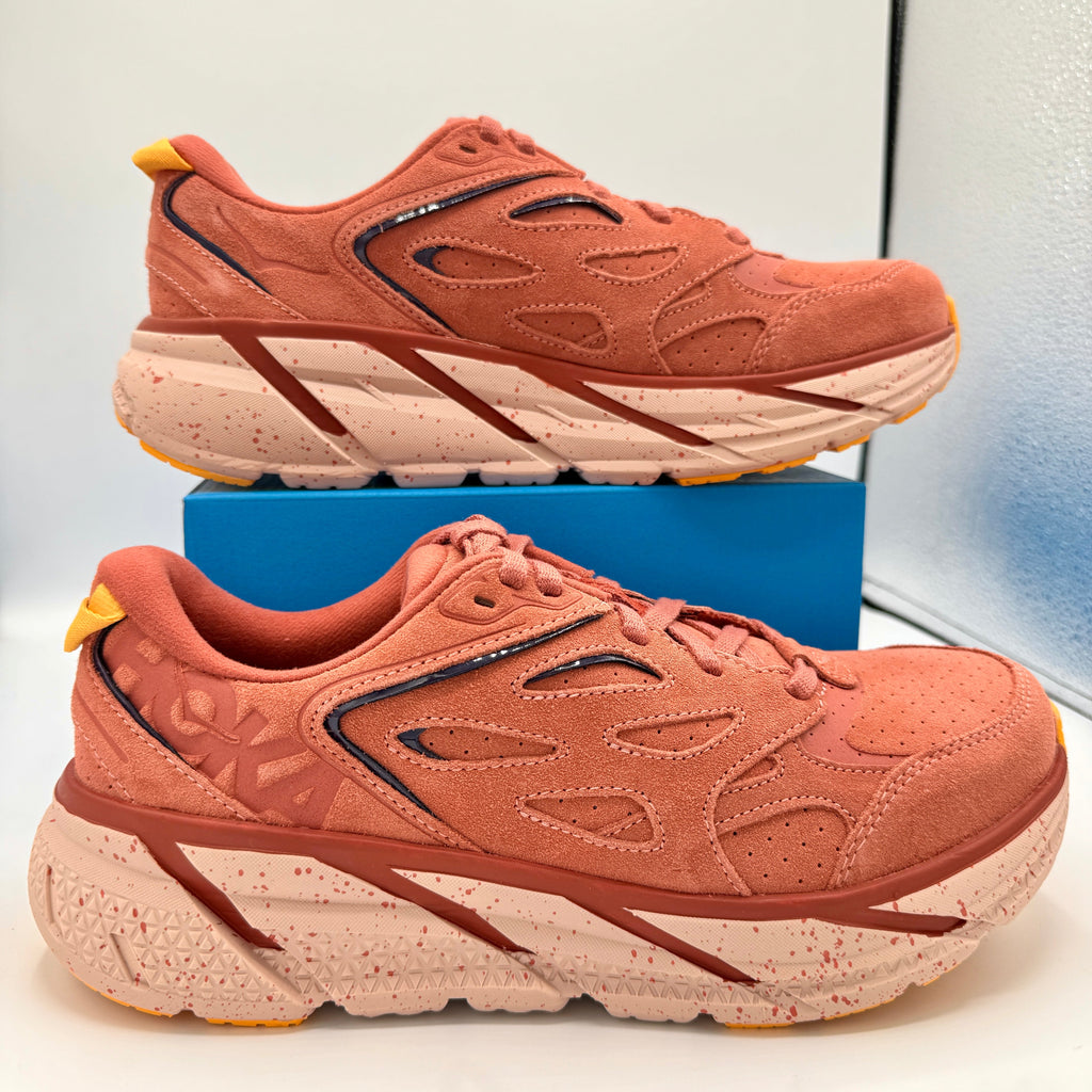 Hoka Clifton L Suede in Earthenware/ Hot Sauce Red Unisex Leather Sneakers