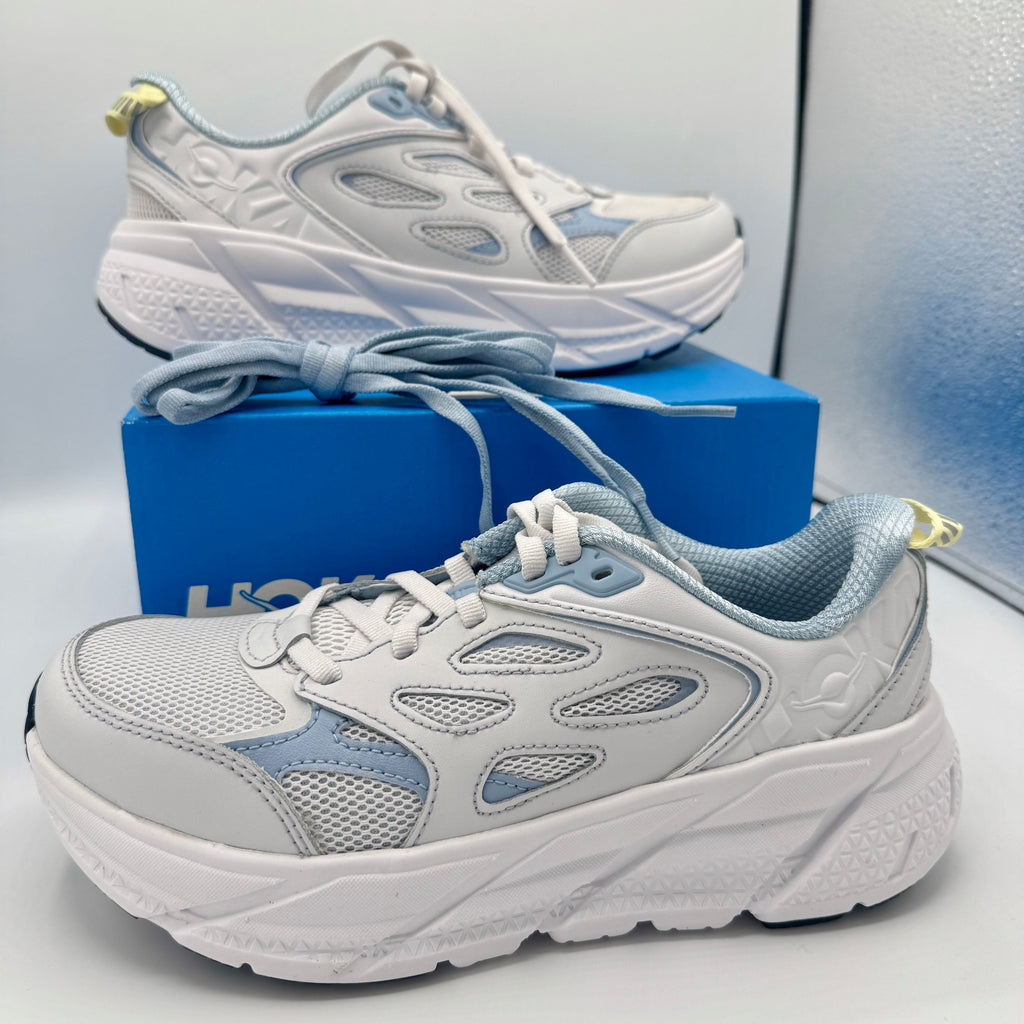 Hoka Clifton L Leather in Cosmic Grey / Varsity Navy Blue Unisex All Gender