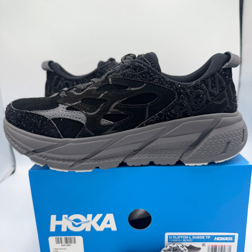 Hoka Clifton Elite Terrain System L Suede Leather Black Grey Unisex Sneakers