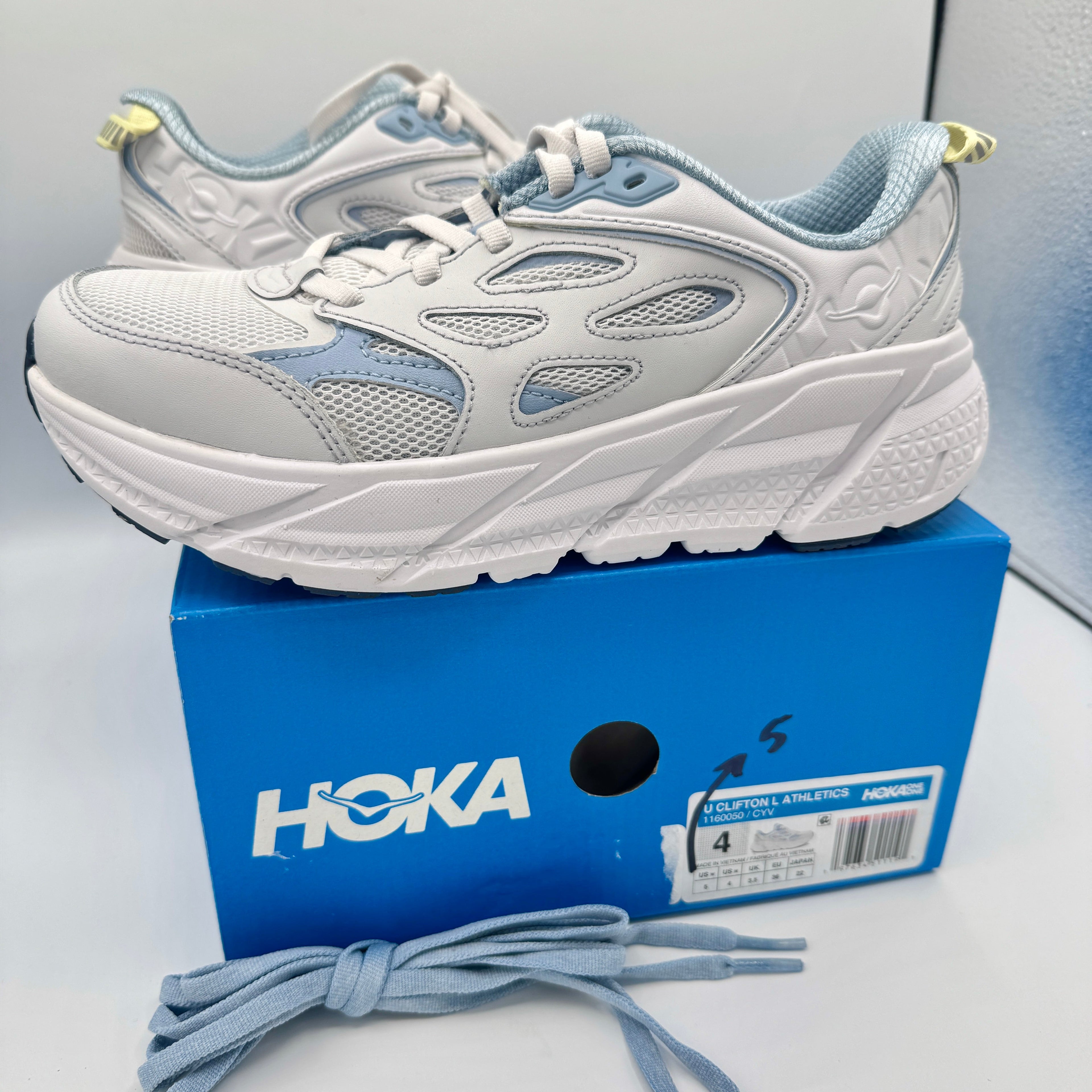 Hoka Clifton L Leather in Cosmic Grey / Varsity Navy Blue Unisex All Gender