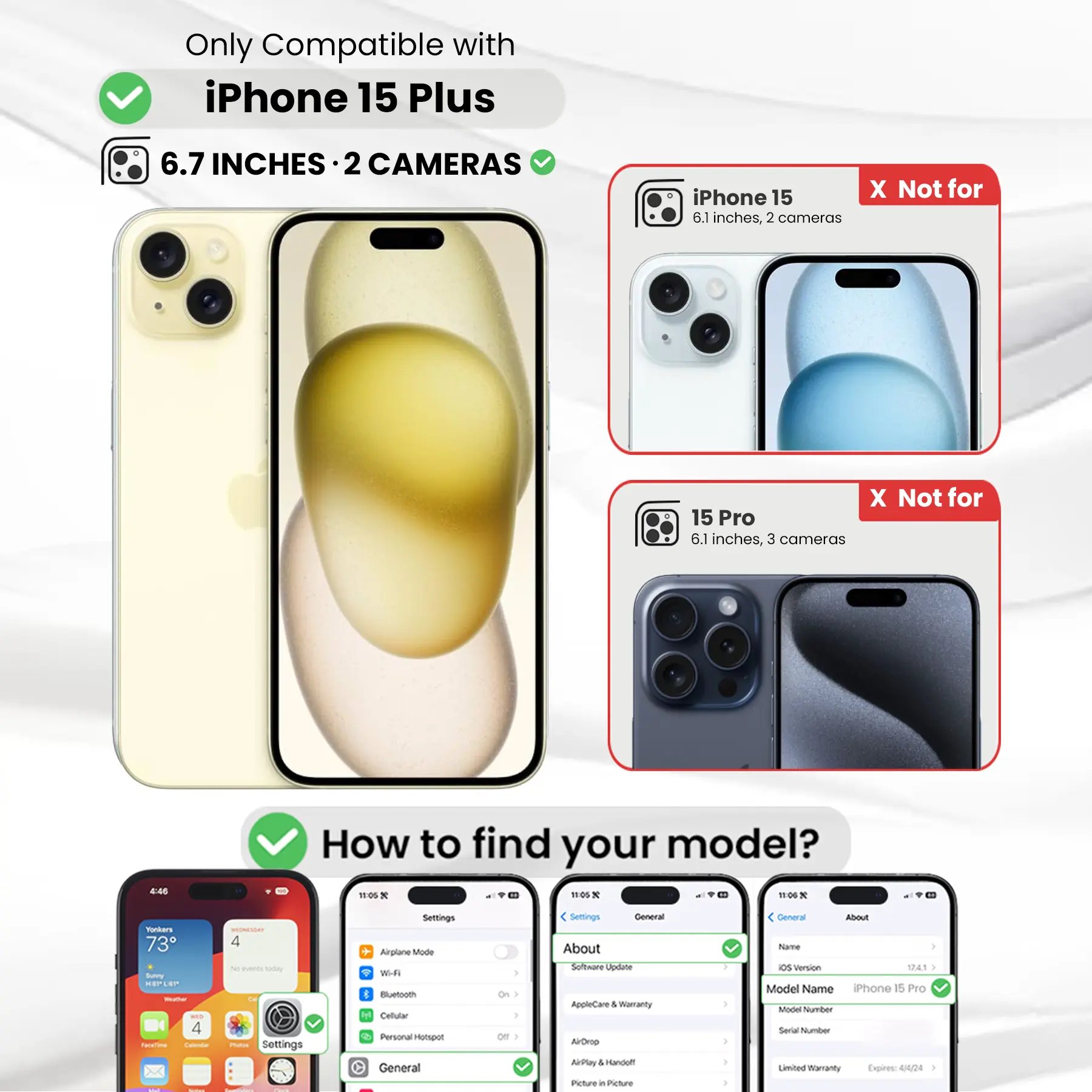 Entronix Bundle Compatible with iPhone 15 Plus - [Hard Back] Clear Case, 1 Clear Screen Protector & 1 Camera Lens Protector