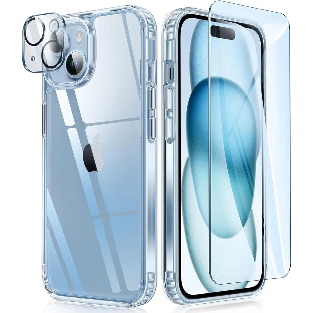 Entronix Bundle Compatible with iPhone 15 Plus - [Hard Back] Clear Case, 1 Clear Screen Protector & 1 Camera Lens Protector